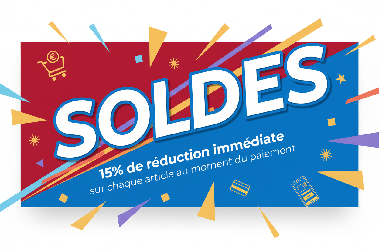 SOLDES Bannière  : 15 % de réduction immédiate sur chaque article au moment du paiement.